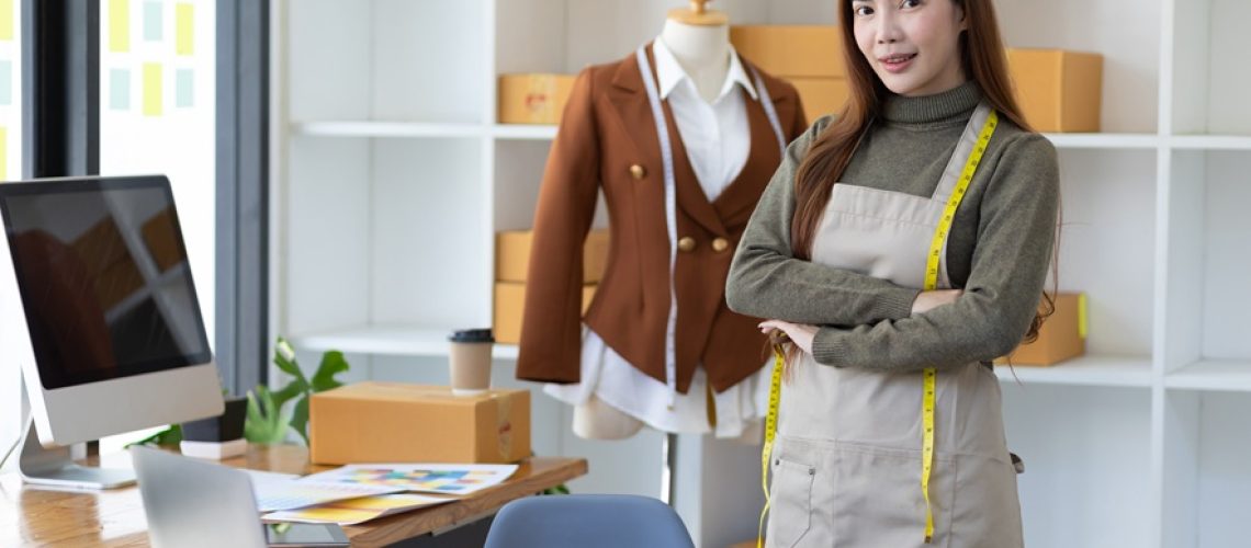 Entrepreneurs start small businesses. Fashion designer working in design studio.